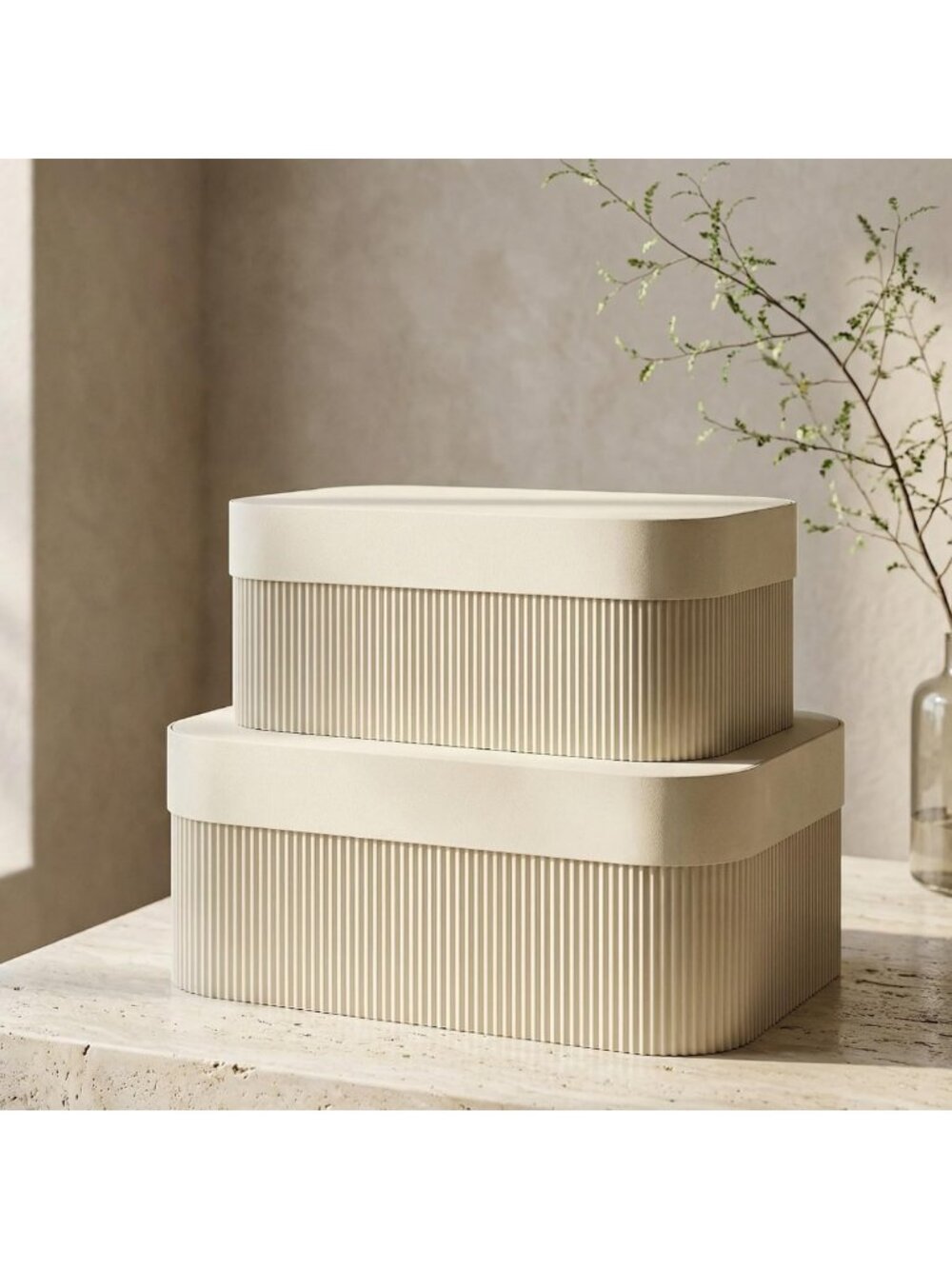 Stylish Decorative Storage Boxes with Lids - Set of 2 Fluted Photo Organizers